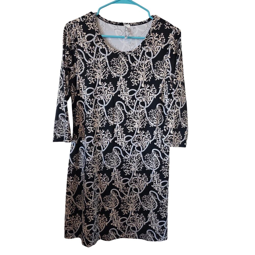 Lulu-B Womens Coral Rope Pattern 3/4 Sleeve Dress Size Small Black Resort Wear